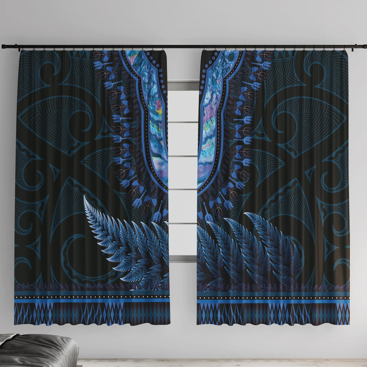 Blue African Dashiki With Aotearoa Maori Window Curtain Paua Shell Mix Silver Fern
