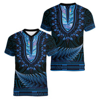 Blue African Dashiki With Aotearoa Maori Women V-Neck T-Shirt Paua Shell Mix Silver Fern