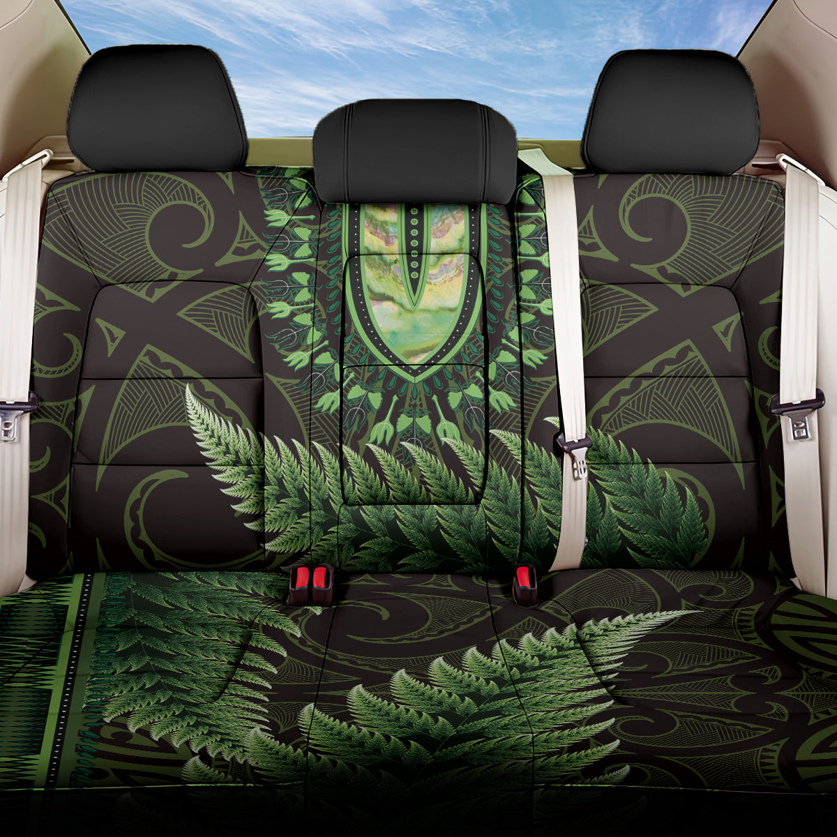 Lime Green African Dashiki With Aotearoa Maori Back Car Seat Cover Paua Shell Mix Silver Fern