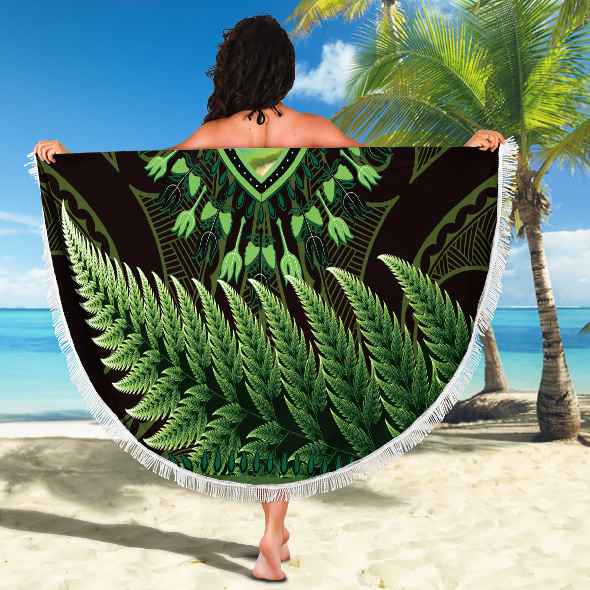 Lime Green African Dashiki With Aotearoa Maori Beach Blanket Paua Shell Mix Silver Fern