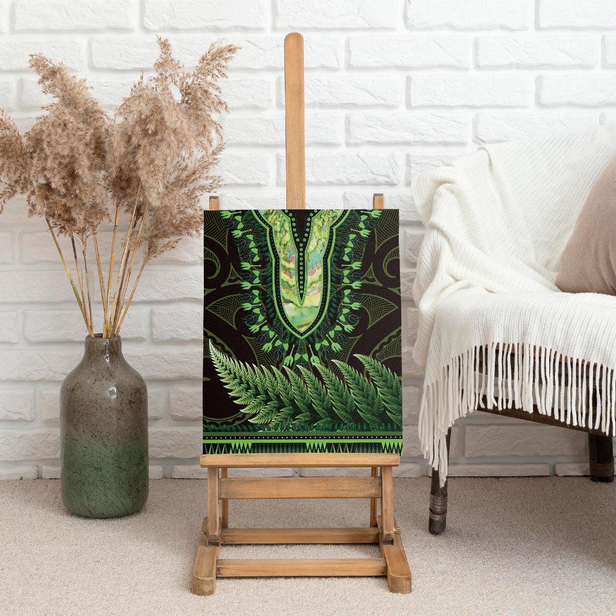 Lime Green African Dashiki With Aotearoa Maori Canvas Wall Art Paua Shell Mix Silver Fern