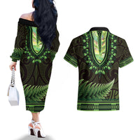 Lime Green African Dashiki With Aotearoa Maori Couples Matching Off The Shoulder Long Sleeve Dress and Hawaiian Shirt Paua Shell Mix Silver Fern