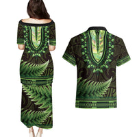 Lime Green African Dashiki With Aotearoa Maori Couples Matching Puletasi and Hawaiian Shirt Paua Shell Mix Silver Fern