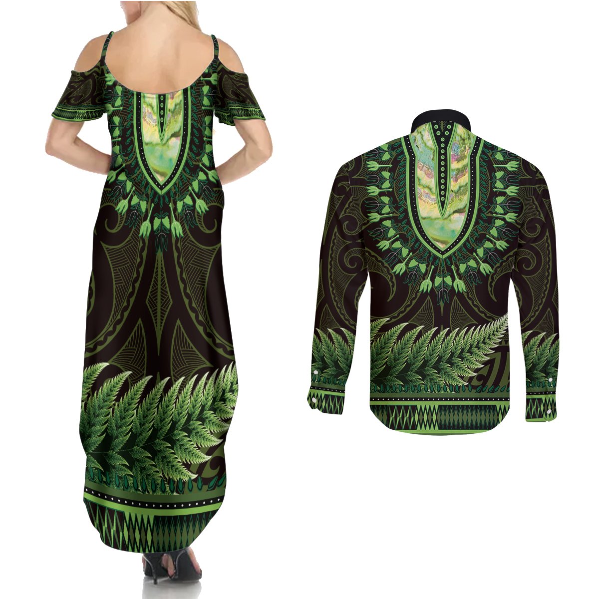 Lime Green African Dashiki With Aotearoa Maori Couples Matching Summer Maxi Dress and Long Sleeve Button Shirt Paua Shell Mix Silver Fern
