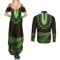 Lime Green African Dashiki With Aotearoa Maori Couples Matching Summer Maxi Dress and Long Sleeve Button Shirt Paua Shell Mix Silver Fern