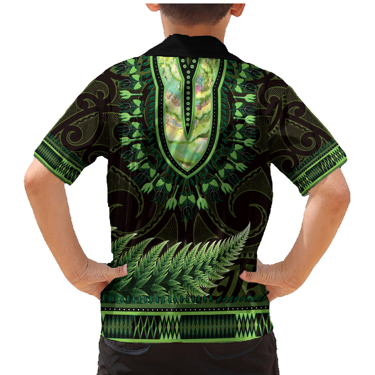 Lime Green African Dashiki With Aotearoa Maori Family Matching Mermaid Dress and Hawaiian Shirt Paua Shell Mix Silver Fern