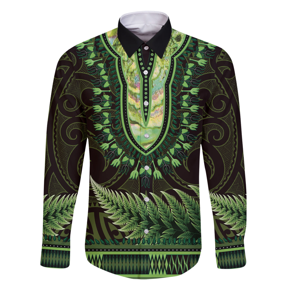 Lime Green African Dashiki With Aotearoa Maori Family Matching Off Shoulder Short Dress and Hawaiian Shirt Paua Shell Mix Silver Fern