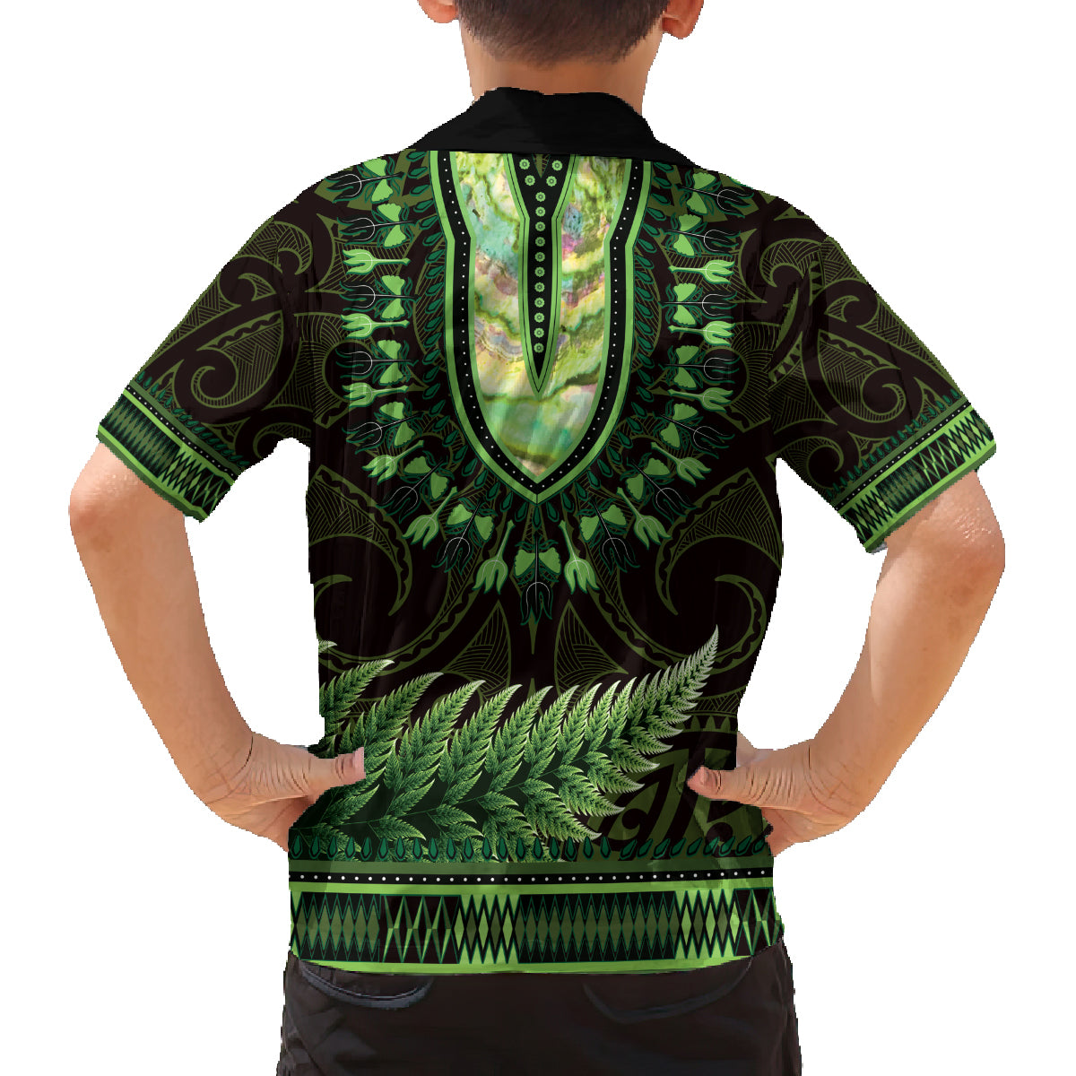Lime Green African Dashiki With Aotearoa Maori Family Matching Puletasi and Hawaiian Shirt Paua Shell Mix Silver Fern LT14 - Polynesian Pride