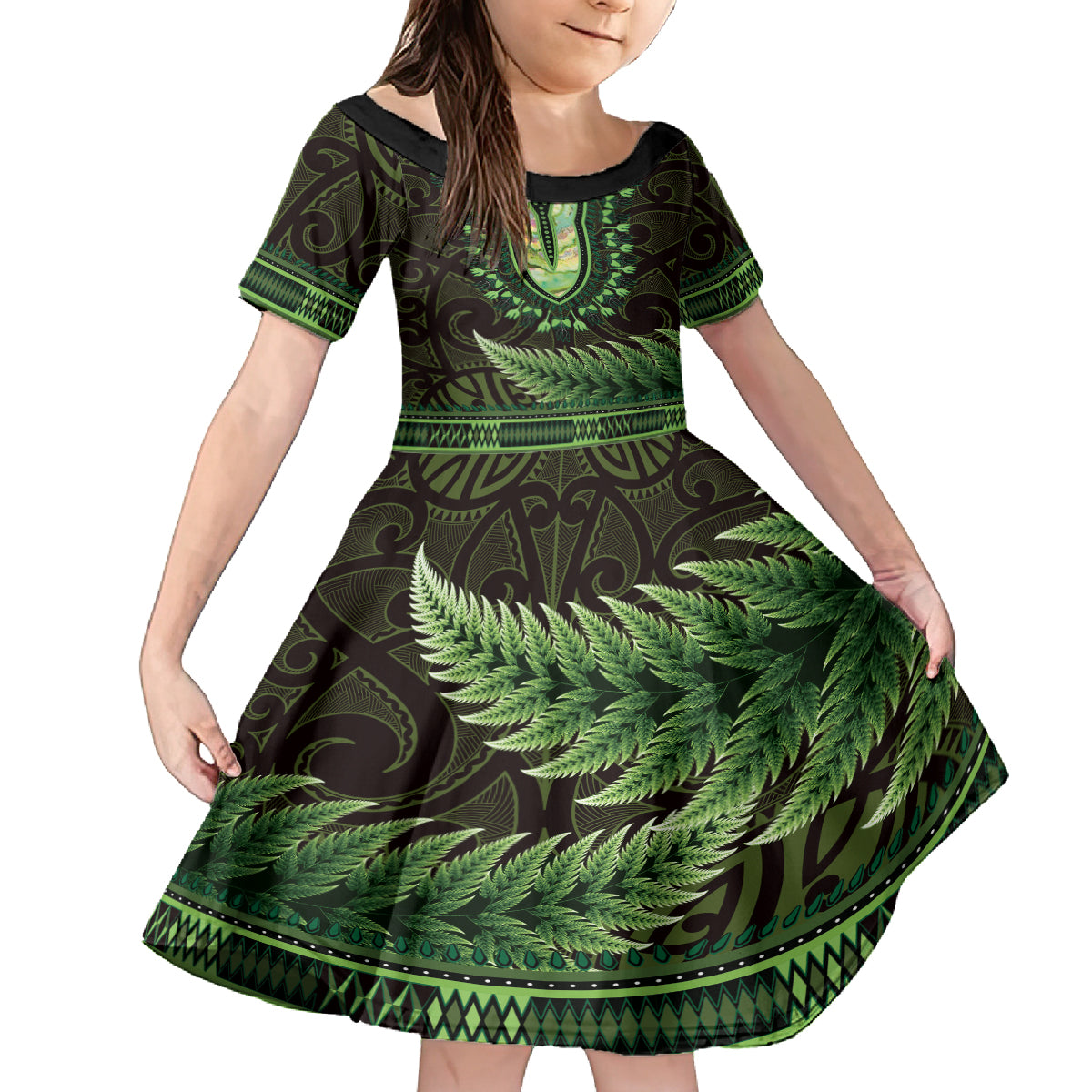 Lime Green African Dashiki With Aotearoa Maori Family Matching Puletasi and Hawaiian Shirt Paua Shell Mix Silver Fern LT14 Daughter's Dress Lime Green - Polynesian Pride