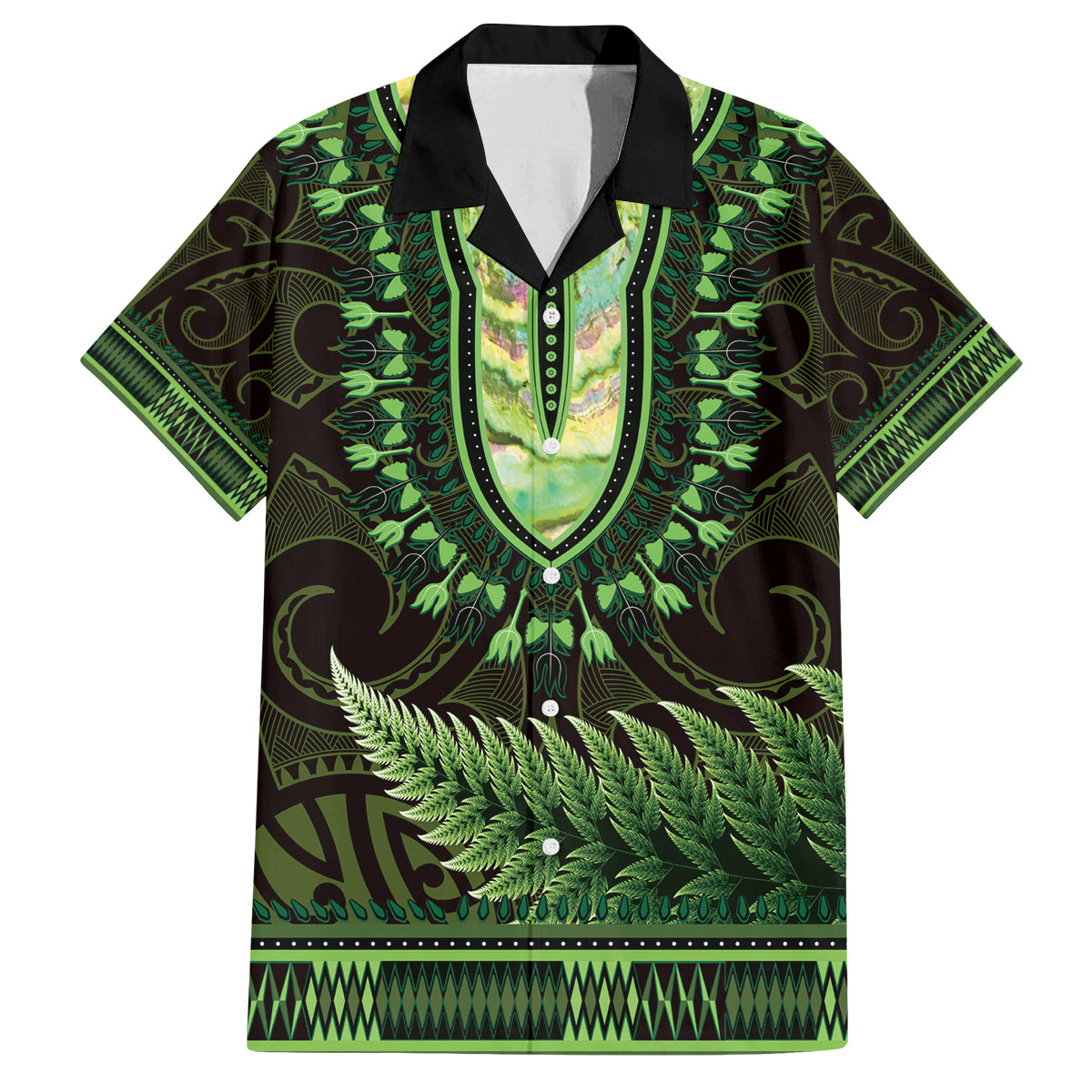 Lime Green African Dashiki With Aotearoa Maori Family Matching Puletasi and Hawaiian Shirt Paua Shell Mix Silver Fern LT14 Dad's Shirt - Short Sleeve Lime Green - Polynesian Pride