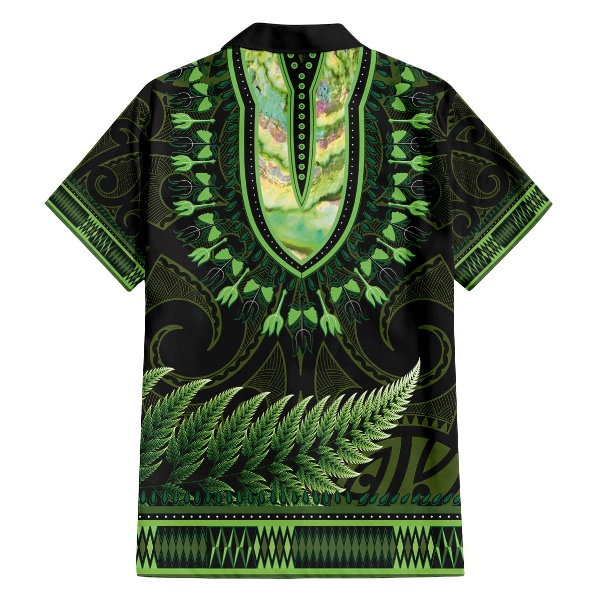 Lime Green African Dashiki With Aotearoa Maori Family Matching Puletasi and Hawaiian Shirt Paua Shell Mix Silver Fern LT14 - Polynesian Pride