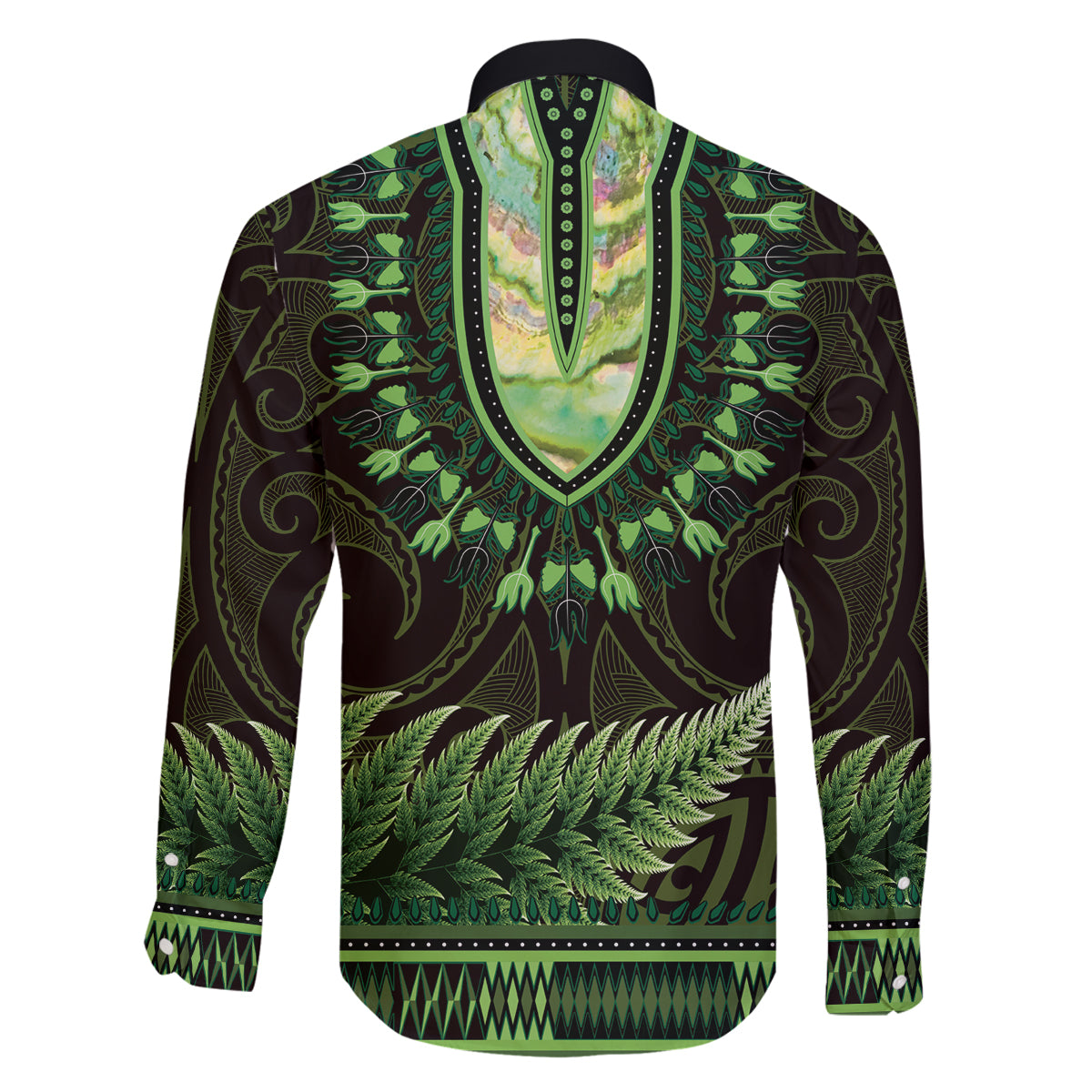 Lime Green African Dashiki With Aotearoa Maori Family Matching Puletasi and Hawaiian Shirt Paua Shell Mix Silver Fern LT14 - Polynesian Pride