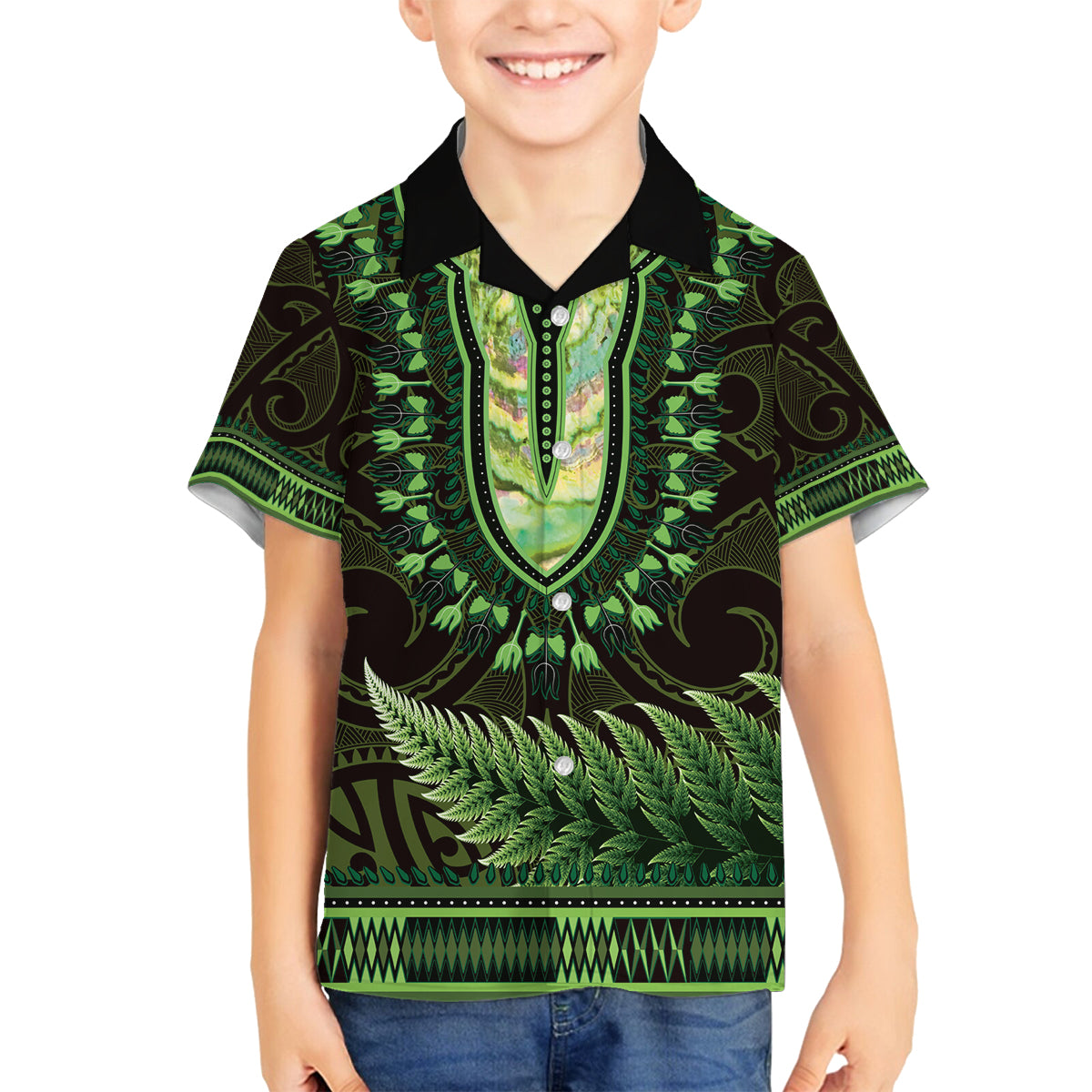 Lime Green African Dashiki With Aotearoa Maori Family Matching Puletasi and Hawaiian Shirt Paua Shell Mix Silver Fern LT14 Son's Shirt Lime Green - Polynesian Pride