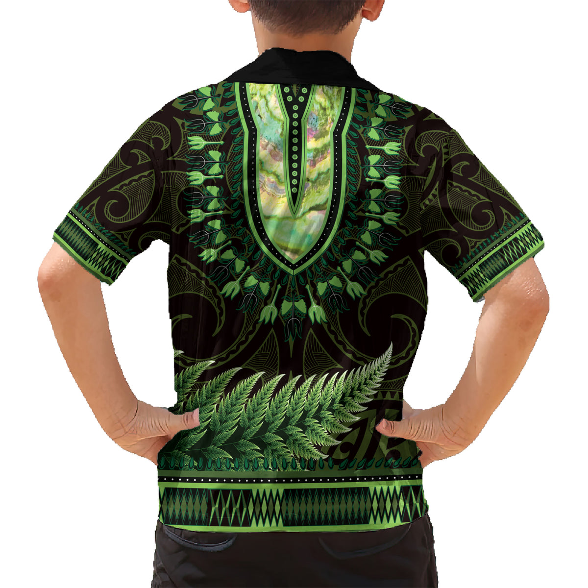 Lime Green African Dashiki With Aotearoa Maori Hawaiian Shirt Paua Shell Mix Silver Fern