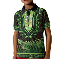 Lime Green African Dashiki With Aotearoa Maori Kid Polo Shirt Paua Shell Mix Silver Fern