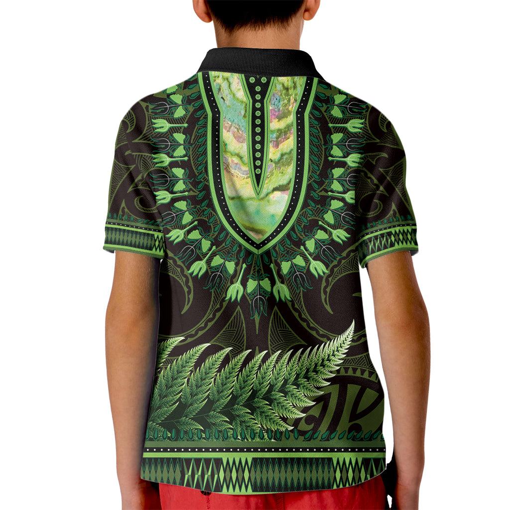 Lime Green African Dashiki With Aotearoa Maori Kid Polo Shirt Paua Shell Mix Silver Fern