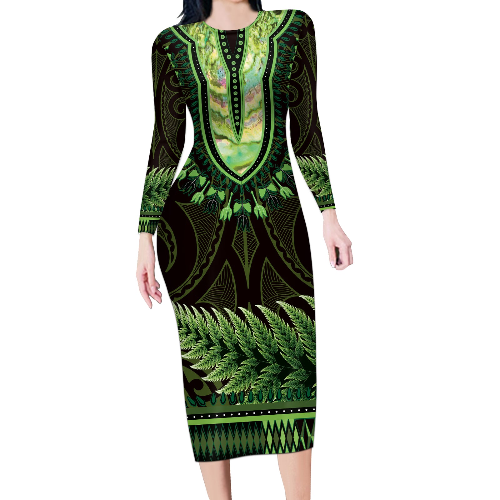 Lime Green African Dashiki With Aotearoa Maori Long Sleeve Bodycon Dress Paua Shell Mix Silver Fern LT14 Long Dress Lime Green - Polynesian Pride