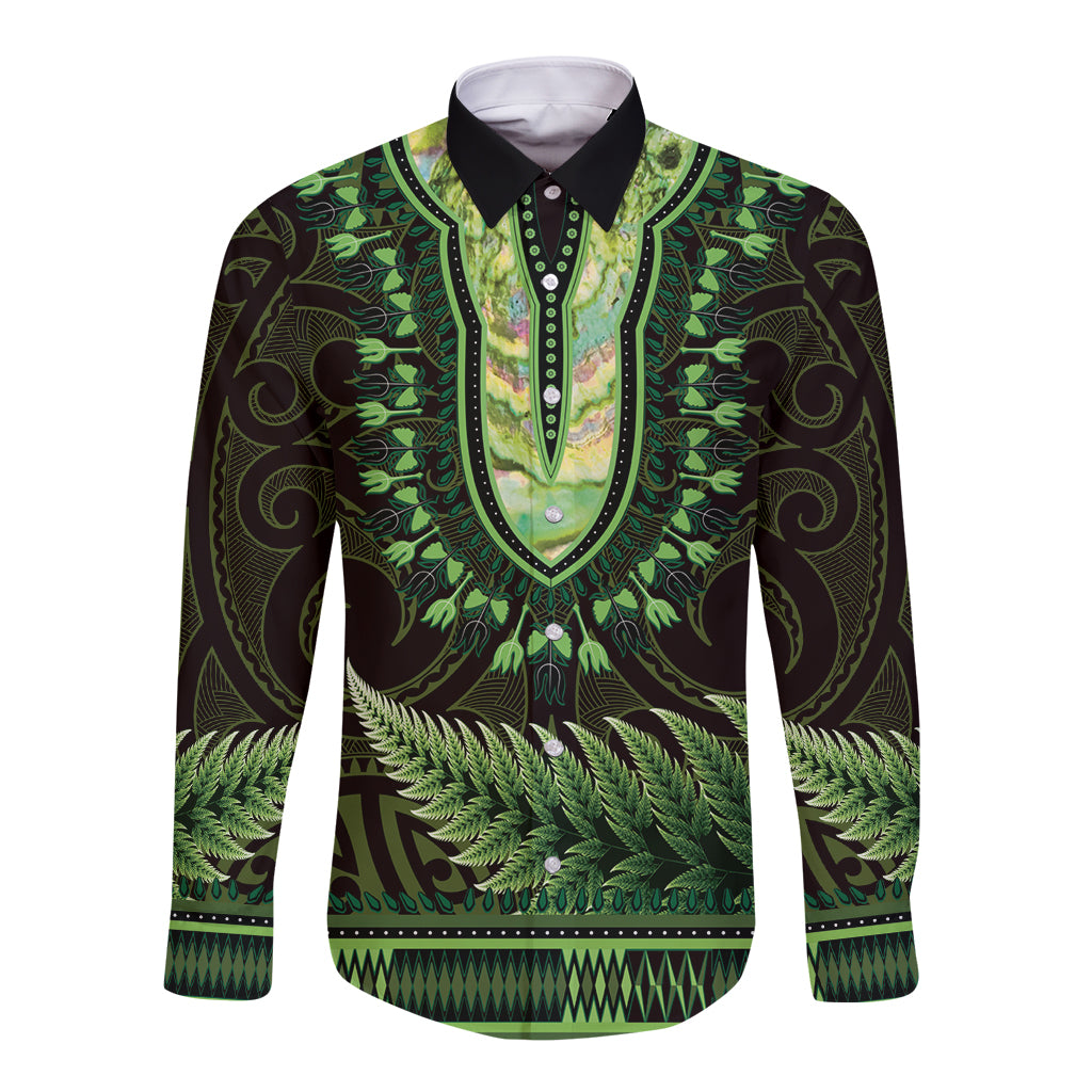 Lime Green African Dashiki With Aotearoa Maori Long Sleeve Button Shirt Paua Shell Mix Silver Fern LT14 Unisex Lime Green - Polynesian Pride