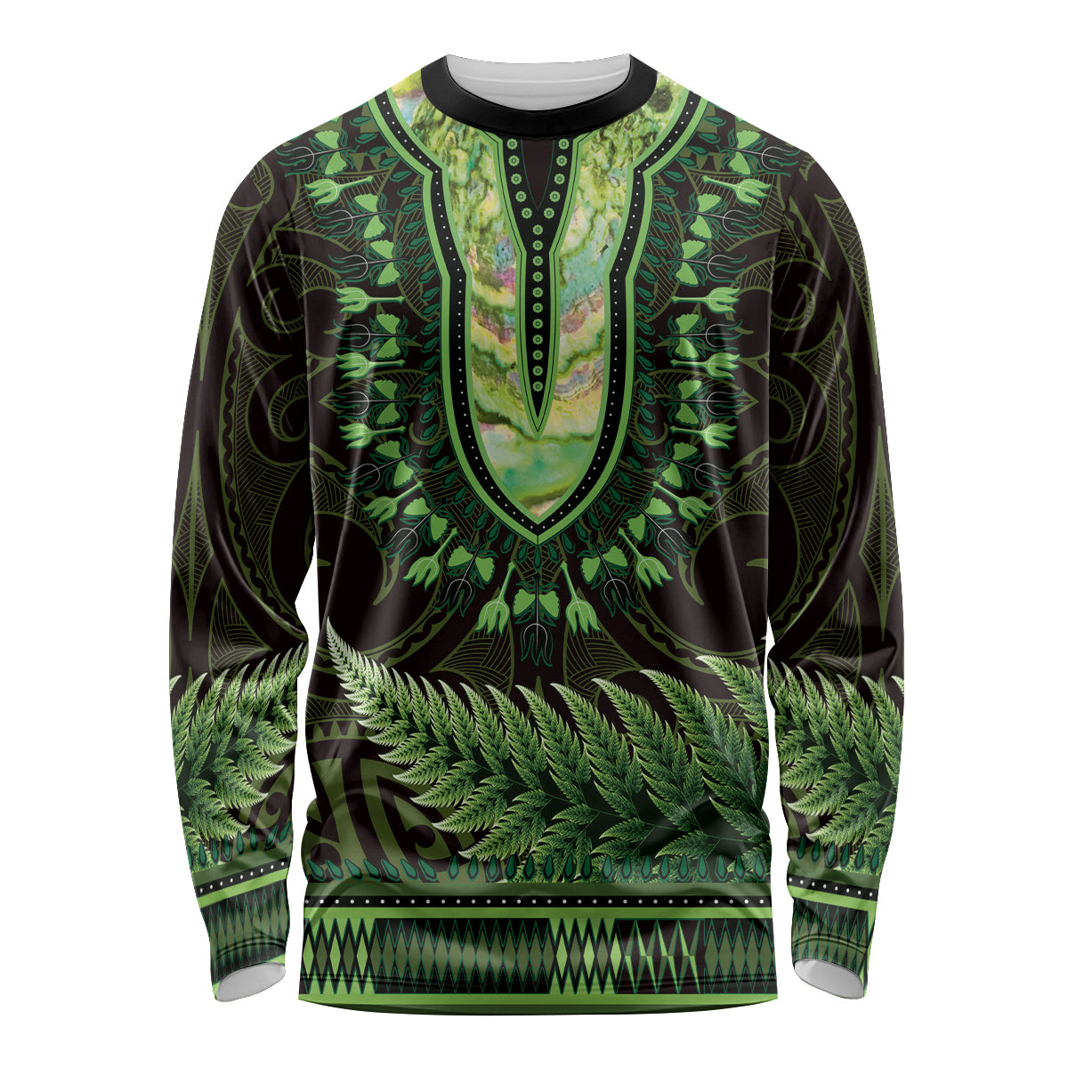 Lime Green African Dashiki With Aotearoa Maori Long Sleeve Shirt Paua Shell Mix Silver Fern LT14 Unisex Lime Green - Polynesian Pride