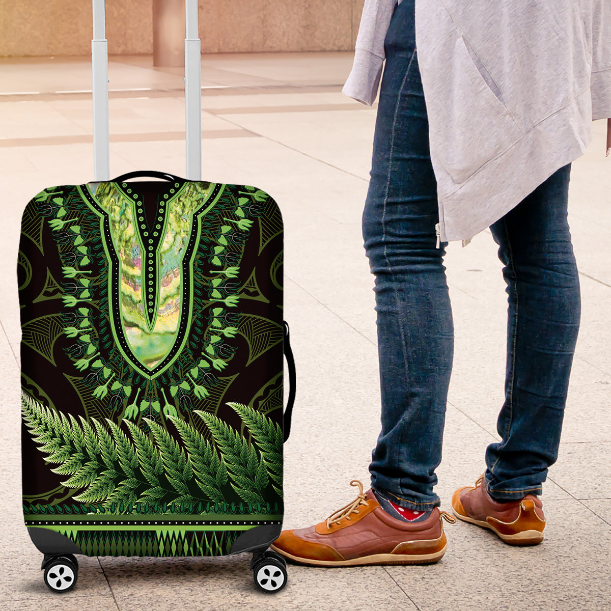 Lime Green African Dashiki With Aotearoa Maori Luggage Cover Paua Shell Mix Silver Fern LT14 Lime Green - Polynesian Pride