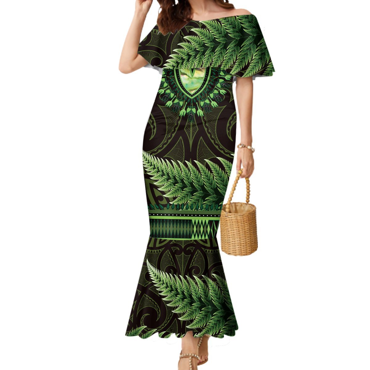 Lime Green African Dashiki With Aotearoa Maori Mermaid Dress Paua Shell Mix Silver Fern LT14 Women Lime Green - Polynesian Pride
