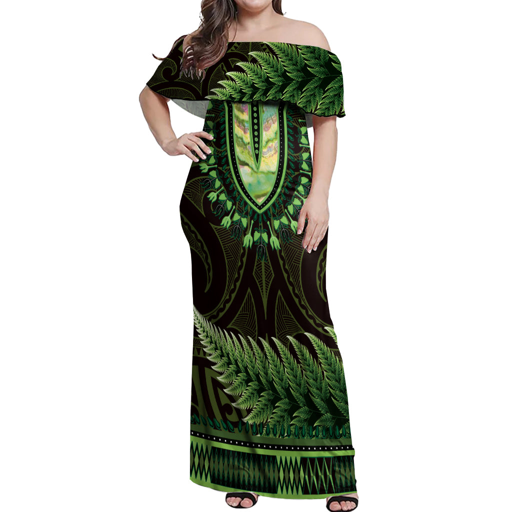 Lime Green African Dashiki With Aotearoa Maori Off Shoulder Maxi Dress Paua Shell Mix Silver Fern