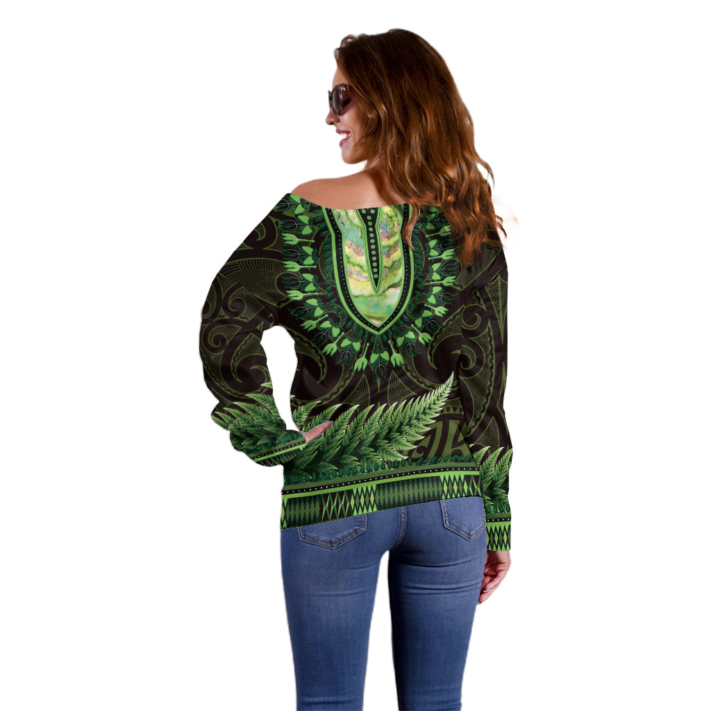 Lime Green African Dashiki With Aotearoa Maori Off Shoulder Sweater Paua Shell Mix Silver Fern