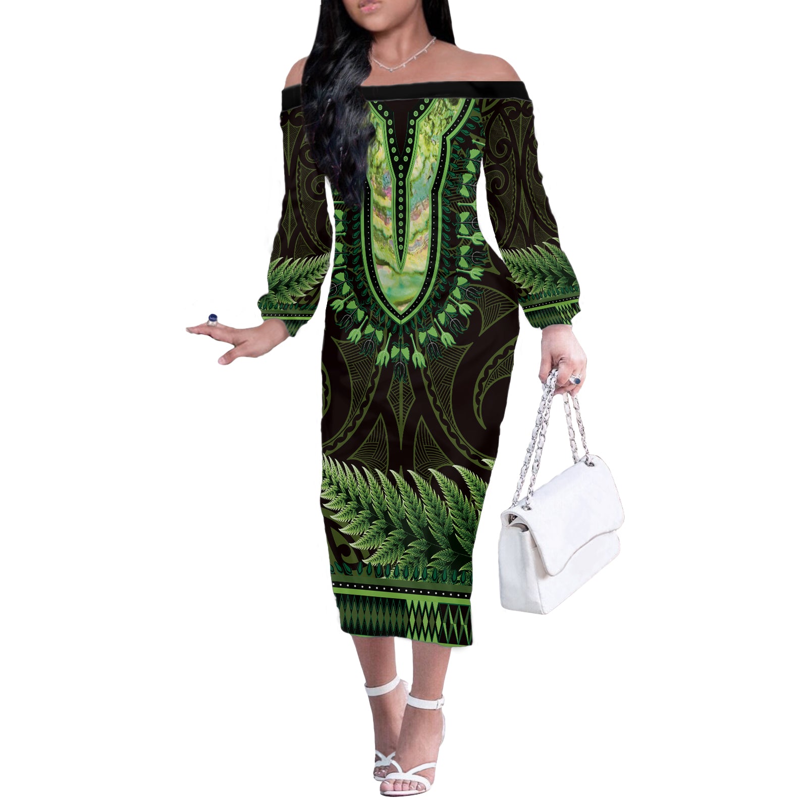 Lime Green African Dashiki With Aotearoa Maori Off The Shoulder Long Sleeve Dress Paua Shell Mix Silver Fern LT14 Women Lime Green - Polynesian Pride