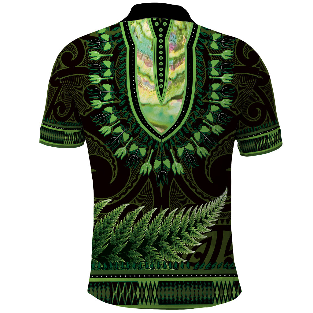 Lime Green African Dashiki With Aotearoa Maori Polo Shirt Paua Shell Mix Silver Fern