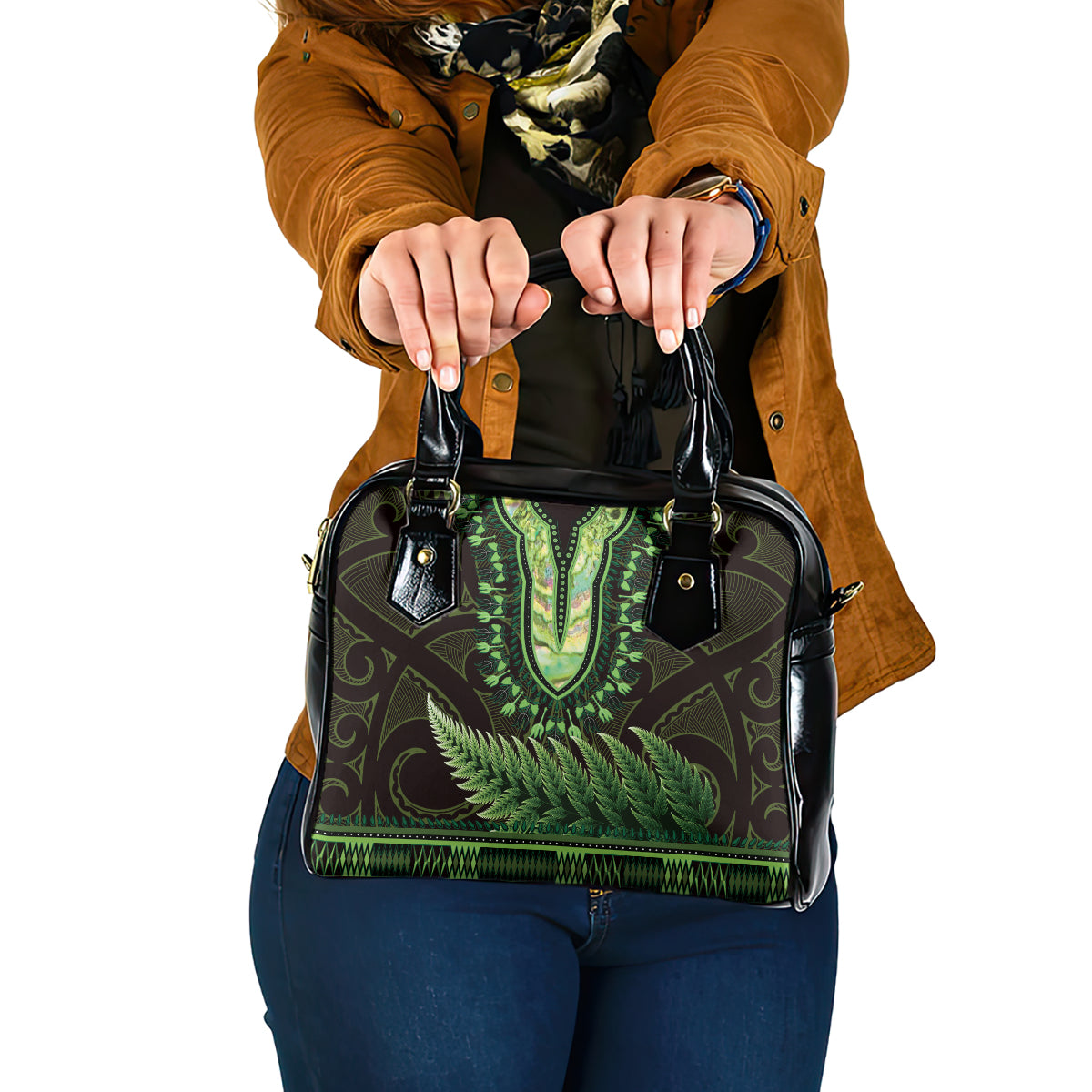 Lime Green African Dashiki With Aotearoa Maori Shoulder Handbag Paua Shell Mix Silver Fern LT14 One Size Lime Green - Polynesian Pride