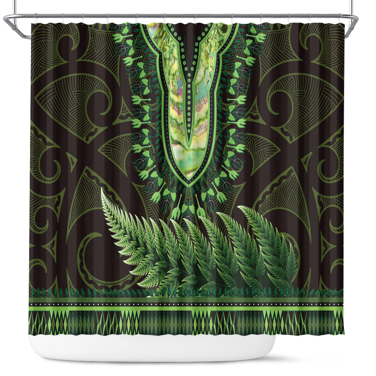 Lime Green African Dashiki With Aotearoa Maori Shower Curtain Paua Shell Mix Silver Fern LT14 Lime Green - Polynesian Pride