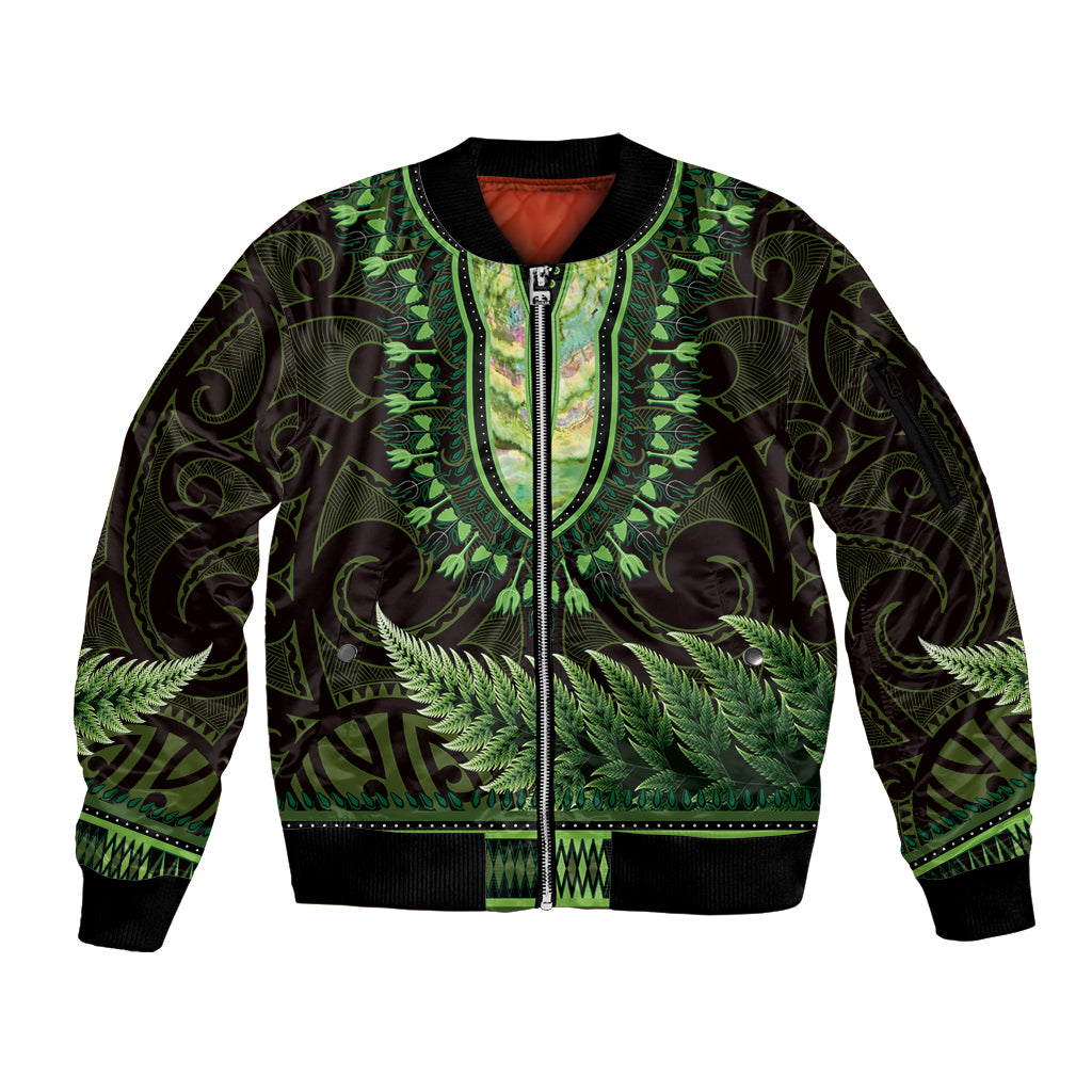 Lime Green African Dashiki With Aotearoa Maori Sleeve Zip Bomber Jacket Paua Shell Mix Silver Fern LT14 Unisex Lime Green - Polynesian Pride
