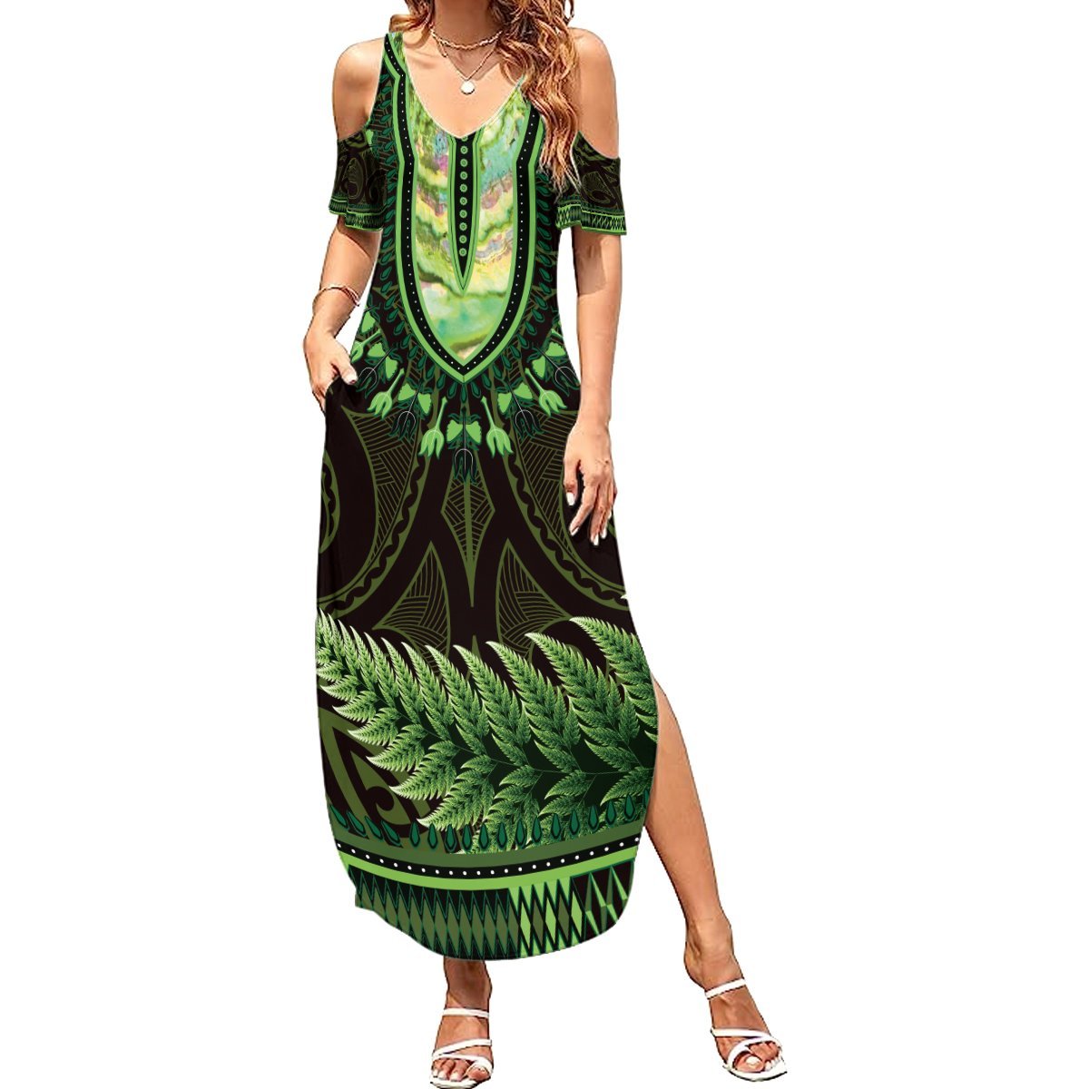 Lime Green African Dashiki With Aotearoa Maori Summer Maxi Dress Paua Shell Mix Silver Fern LT14 Women Lime Green - Polynesian Pride