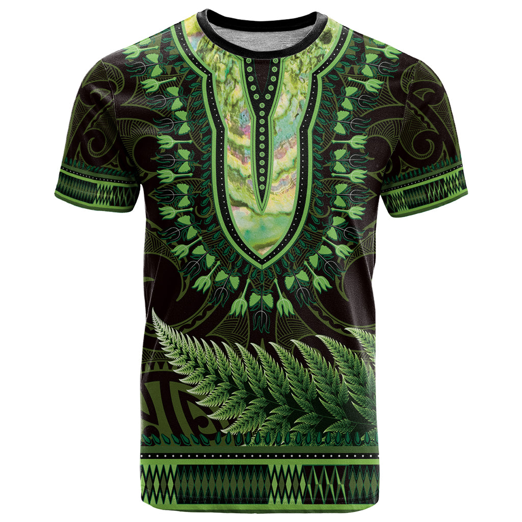 Lime Green African Dashiki With Aotearoa Maori T Shirt Paua Shell Mix Silver Fern LT14 Lime Green - Polynesian Pride