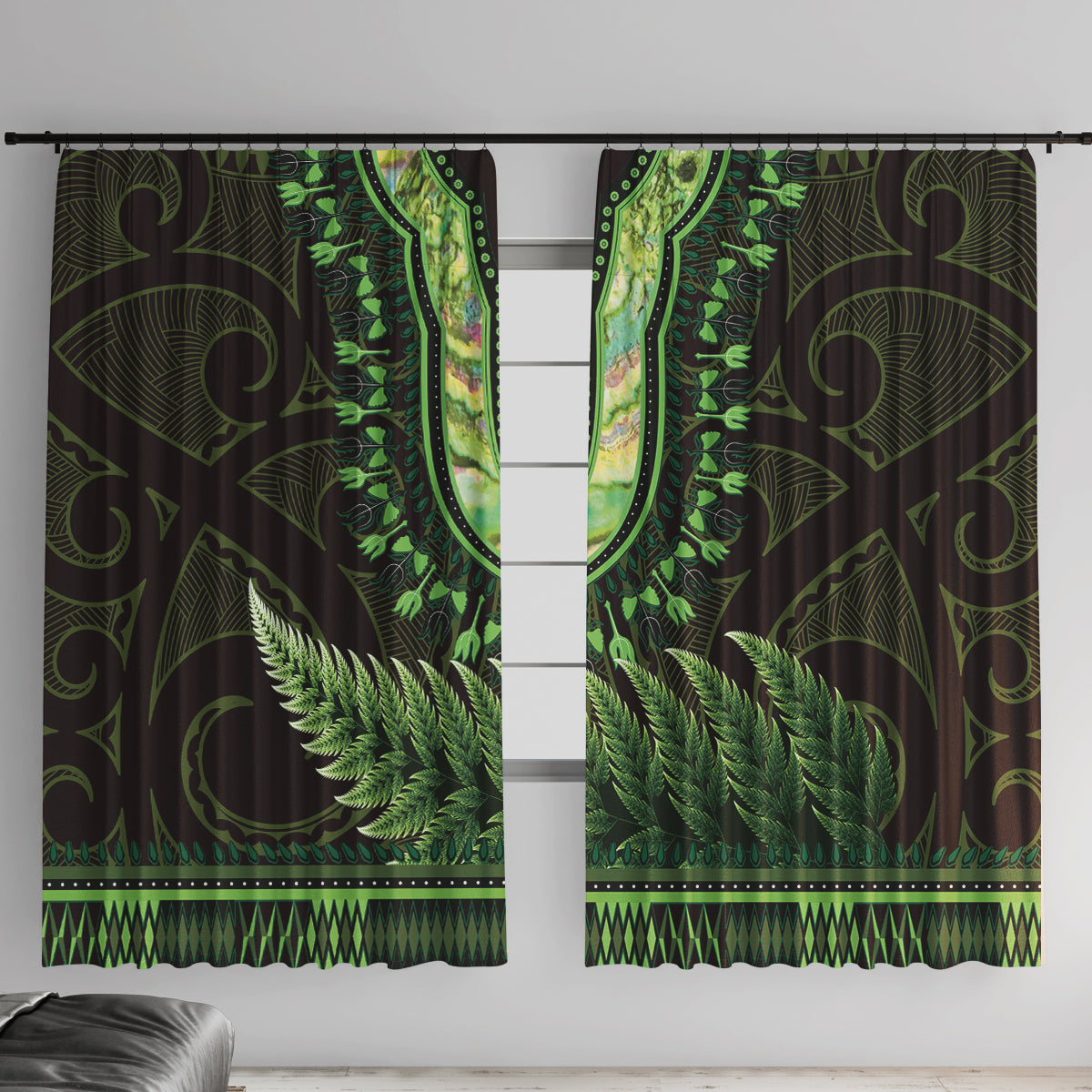 Lime Green African Dashiki With Aotearoa Maori Window Curtain Paua Shell Mix Silver Fern