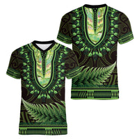 Lime Green African Dashiki With Aotearoa Maori Women V-Neck T-Shirt Paua Shell Mix Silver Fern