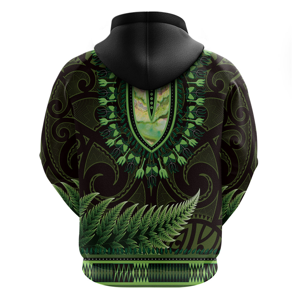 Lime Green African Dashiki With Aotearoa Maori Zip Hoodie Paua Shell Mix Silver Fern