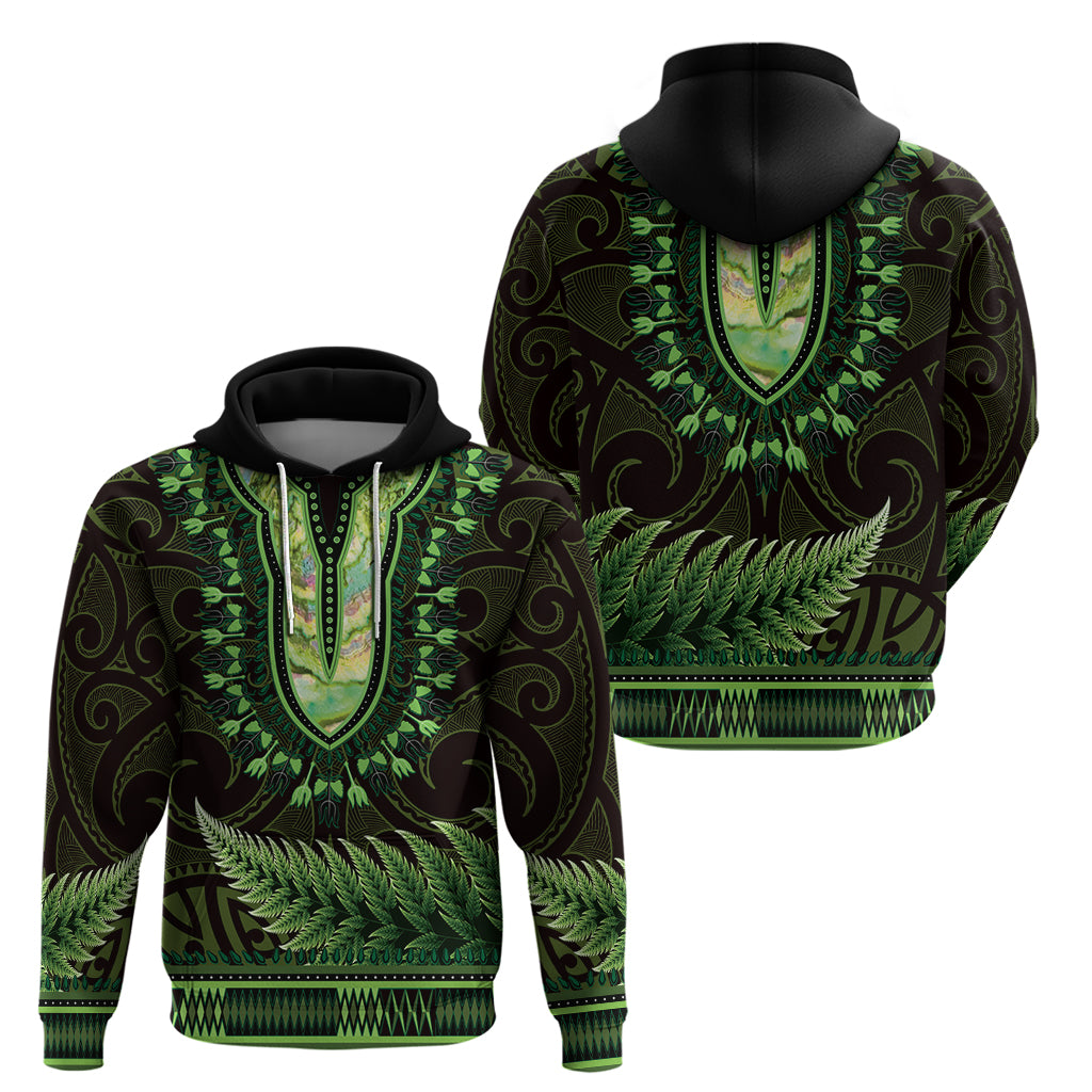 Lime Green African Dashiki With Aotearoa Maori Zip Hoodie Paua Shell Mix Silver Fern