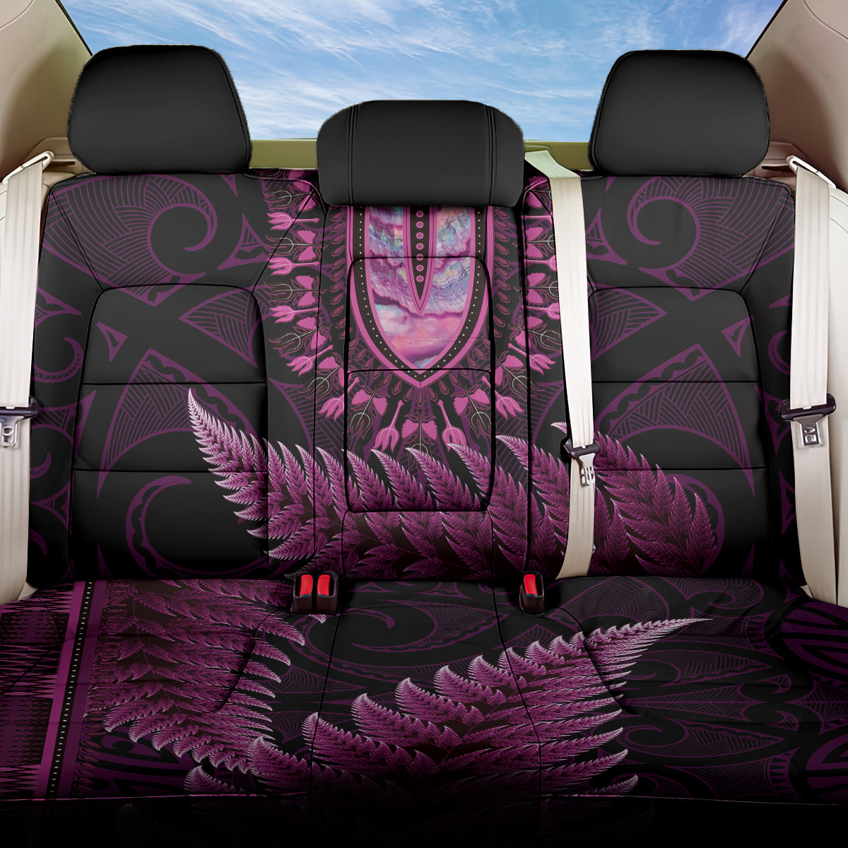 Pink African Dashiki With Aotearoa Maori Back Car Seat Cover Paua Shell Mix Silver Fern