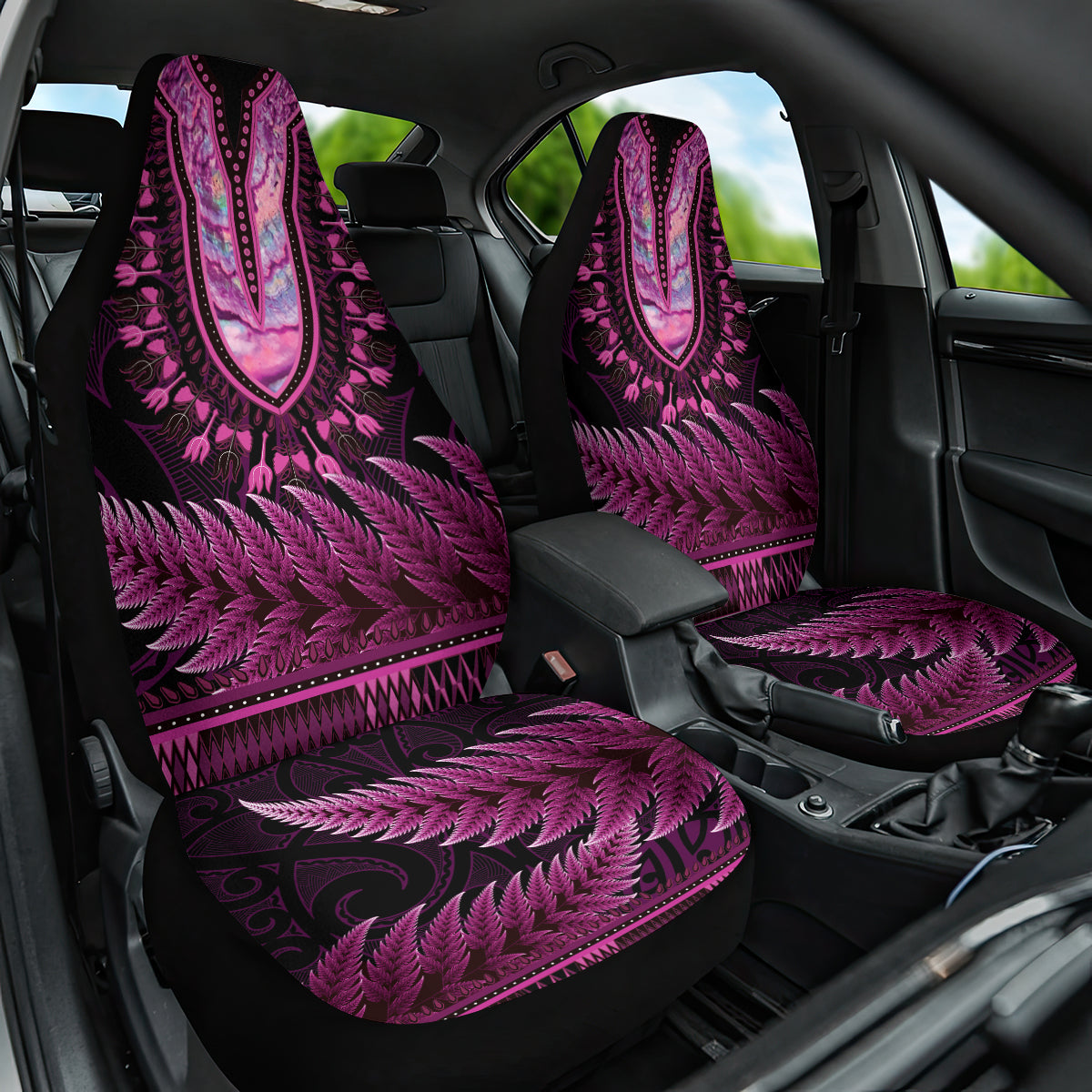 Pink African Dashiki With Aotearoa Maori Car Seat Cover Paua Shell Mix Silver Fern