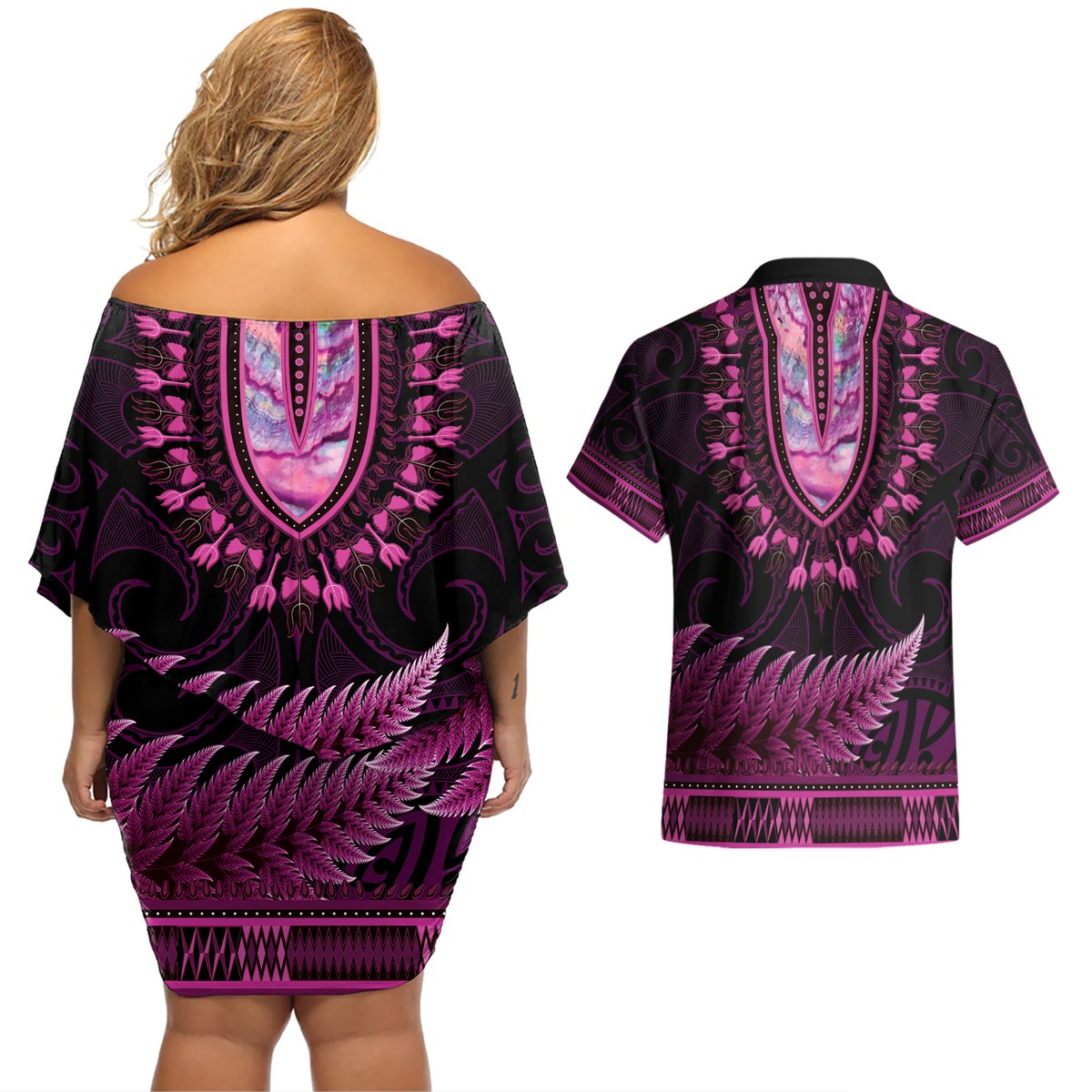 Pink African Dashiki With Aotearoa Maori Couples Matching Off Shoulder Short Dress and Hawaiian Shirt Paua Shell Mix Silver Fern