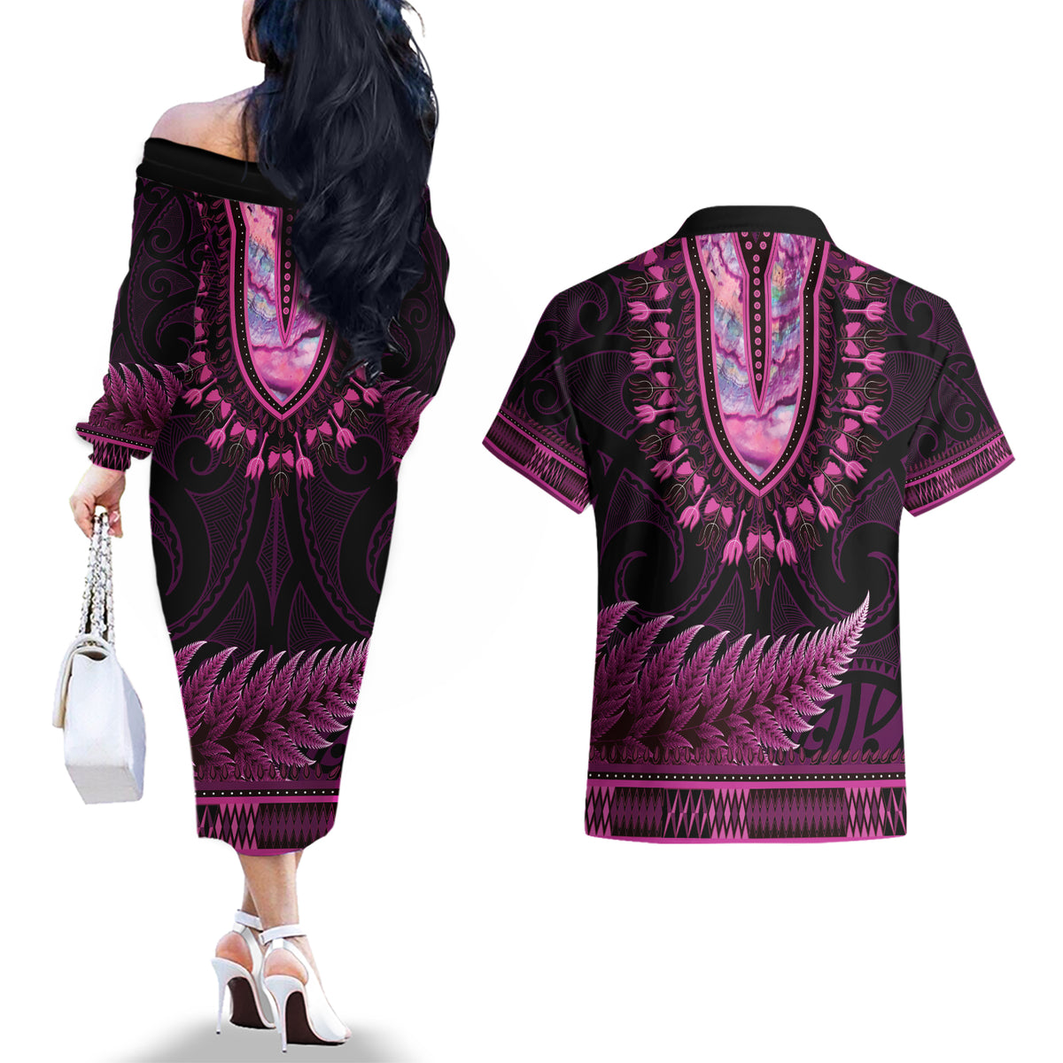 Pink African Dashiki With Aotearoa Maori Couples Matching Off The Shoulder Long Sleeve Dress and Hawaiian Shirt Paua Shell Mix Silver Fern
