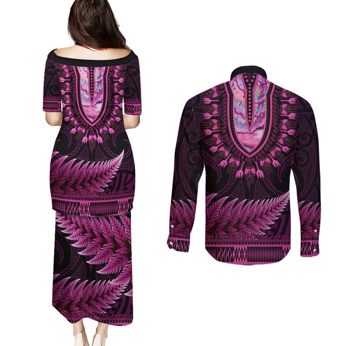 Pink African Dashiki With Aotearoa Maori Couples Matching Puletasi and Long Sleeve Button Shirt Paua Shell Mix Silver Fern LT14 - Polynesian Pride