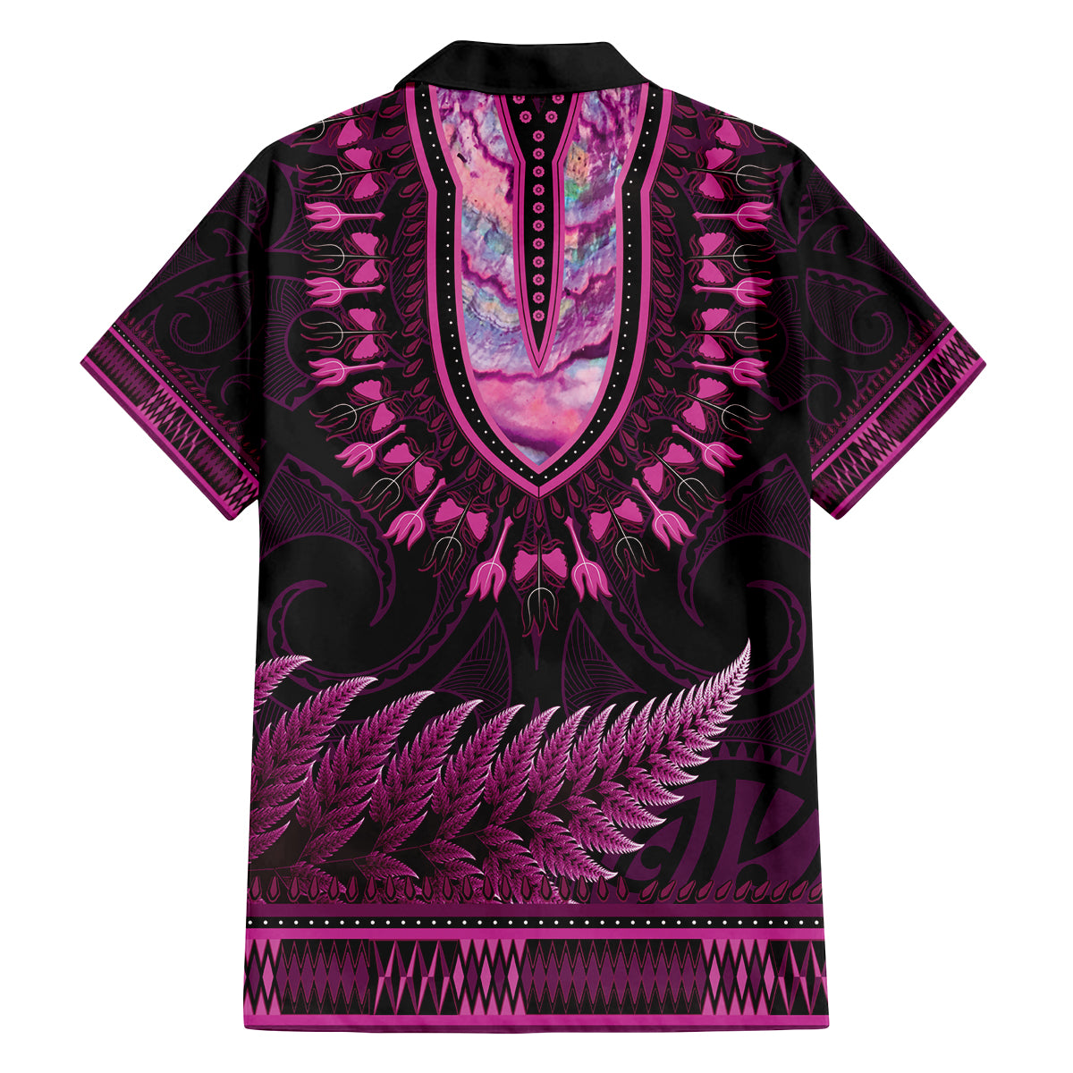 Pink African Dashiki With Aotearoa Maori Family Matching Off Shoulder Maxi Dress and Hawaiian Shirt Paua Shell Mix Silver Fern