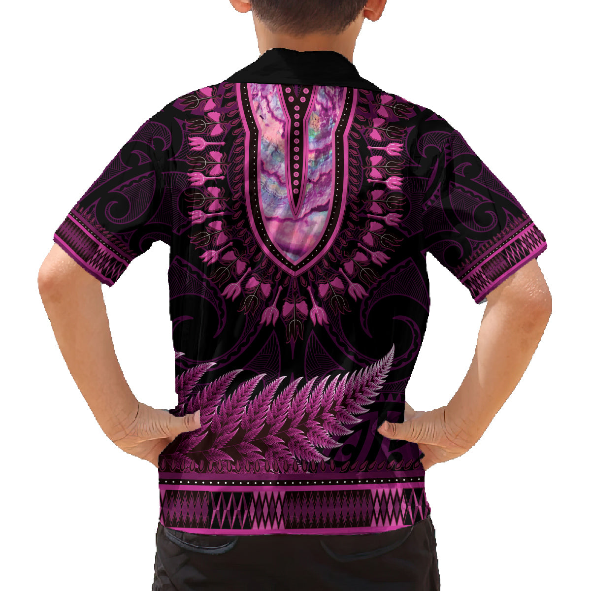 Pink African Dashiki With Aotearoa Maori Family Matching Puletasi and Hawaiian Shirt Paua Shell Mix Silver Fern LT14 - Polynesian Pride