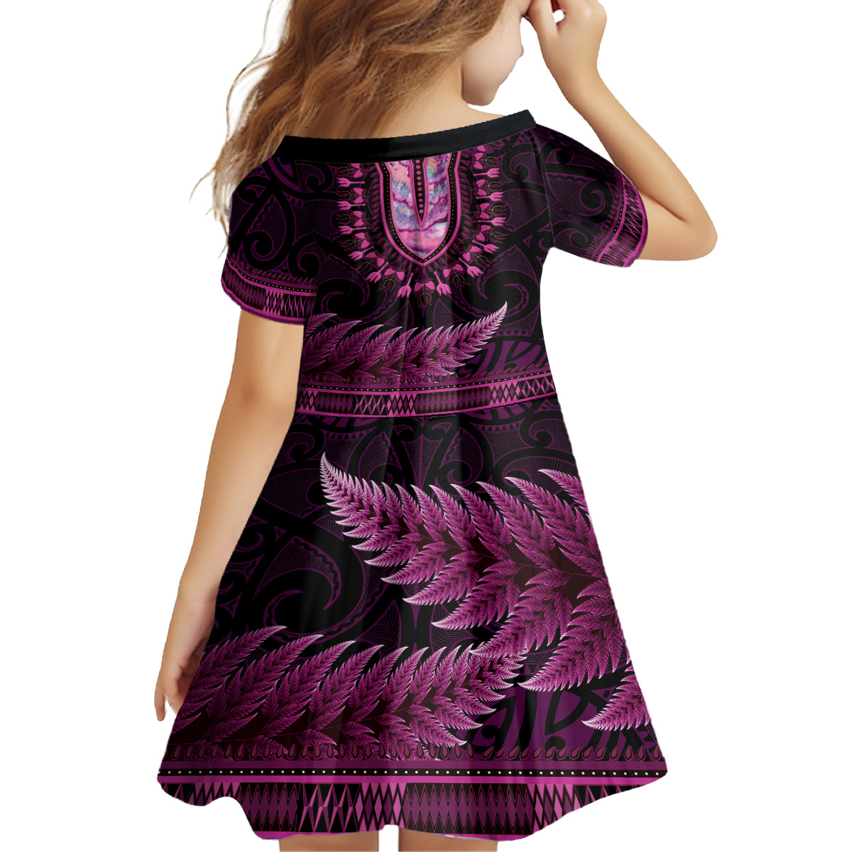 Pink African Dashiki With Aotearoa Maori Family Matching Puletasi and Hawaiian Shirt Paua Shell Mix Silver Fern LT14 - Polynesian Pride