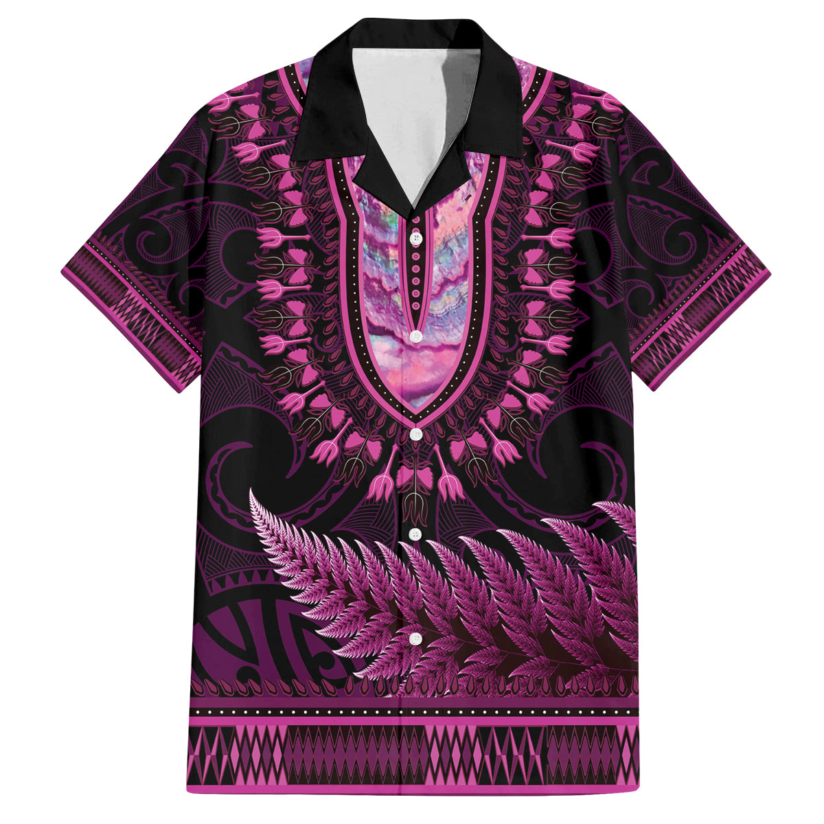 Pink African Dashiki With Aotearoa Maori Family Matching Puletasi and Hawaiian Shirt Paua Shell Mix Silver Fern LT14 Dad's Shirt - Short Sleeve Pink - Polynesian Pride