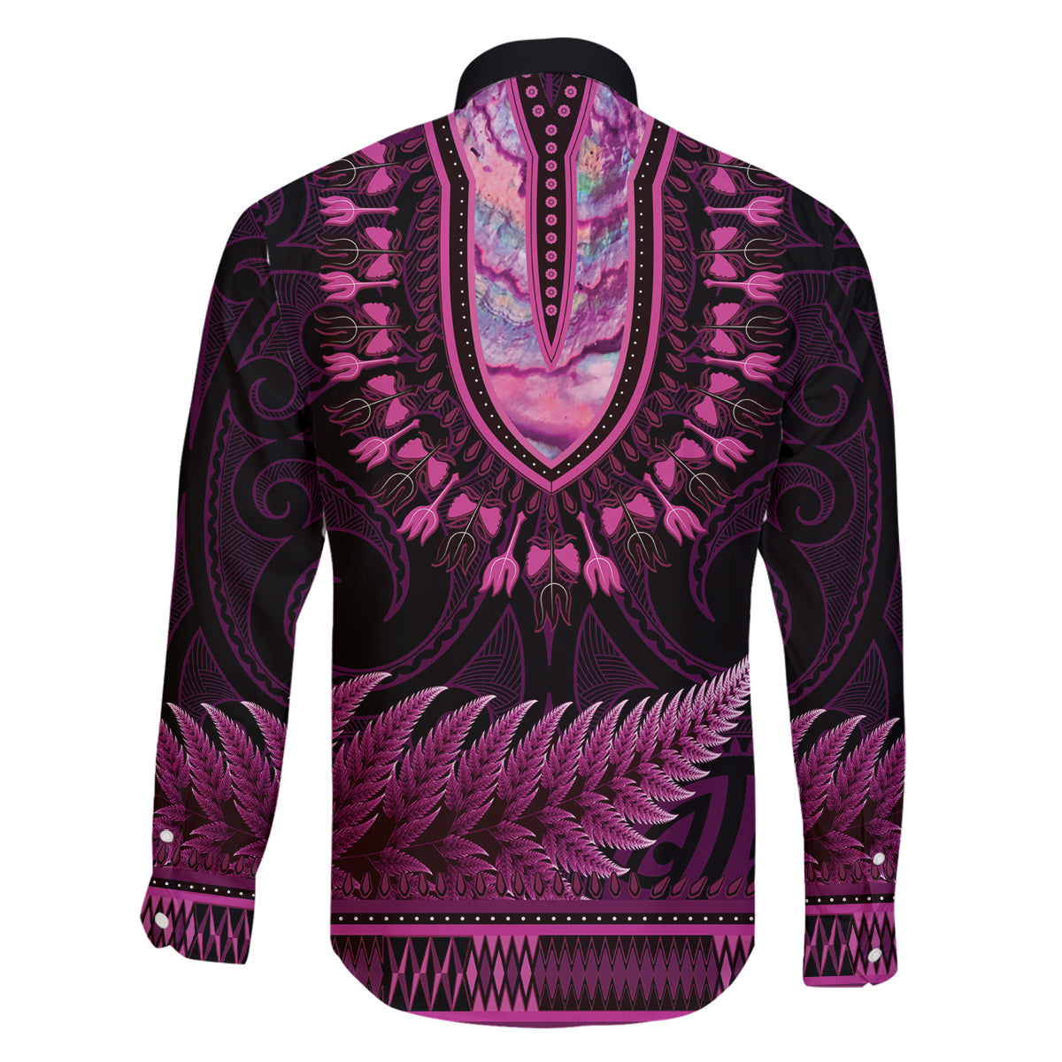 Pink African Dashiki With Aotearoa Maori Family Matching Puletasi and Hawaiian Shirt Paua Shell Mix Silver Fern LT14 - Polynesian Pride