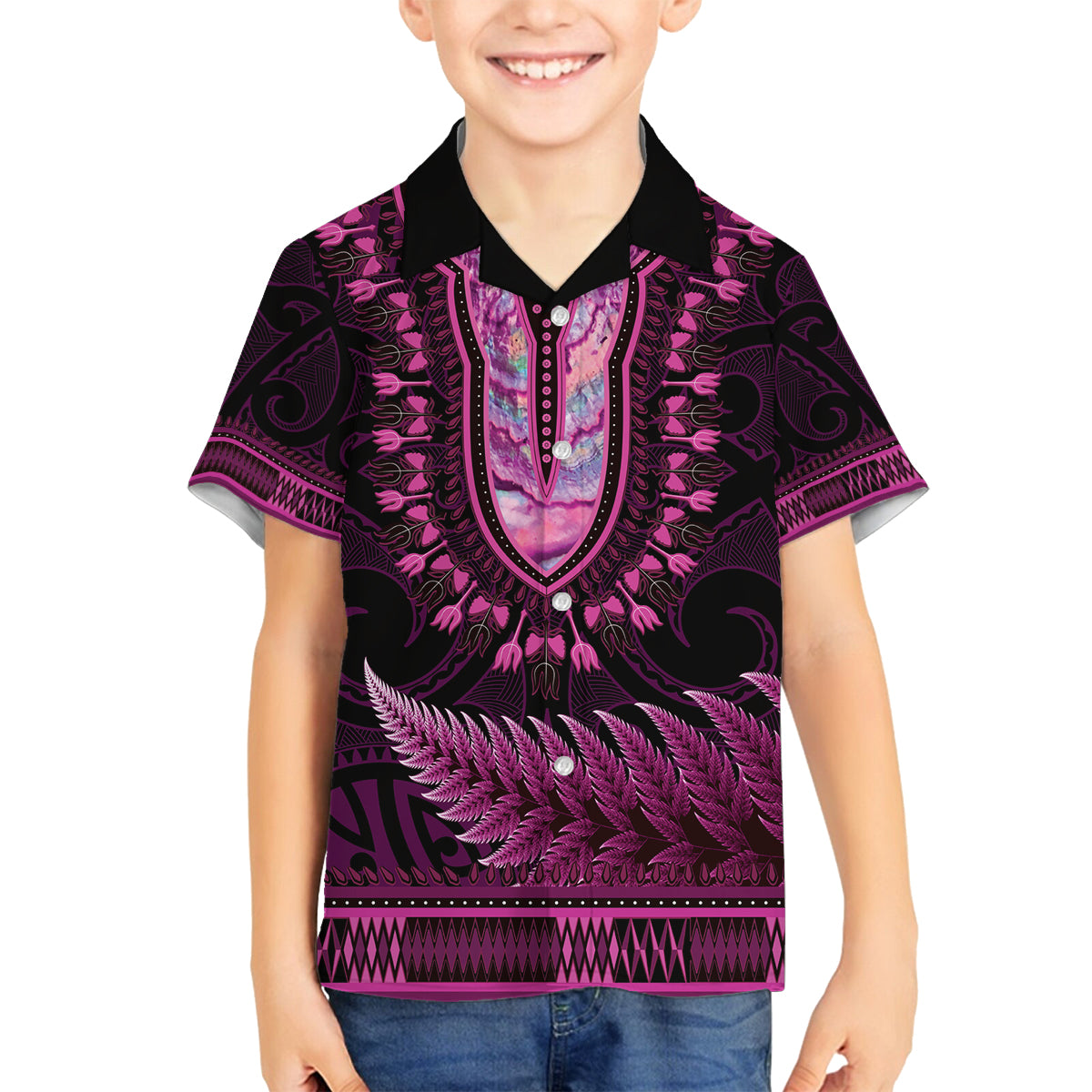 Pink African Dashiki With Aotearoa Maori Family Matching Puletasi and Hawaiian Shirt Paua Shell Mix Silver Fern LT14 Son's Shirt Pink - Polynesian Pride