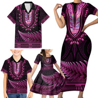 Pink African Dashiki With Aotearoa Maori Family Matching Short Sleeve Bodycon Dress and Hawaiian Shirt Paua Shell Mix Silver Fern